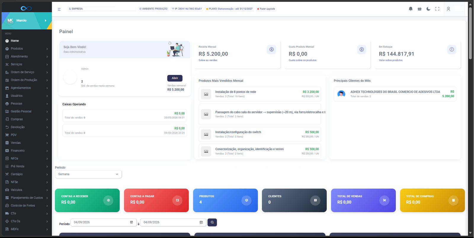 Dashboard do Infinity ERP, sistema de gestão empresarial desenvolvido pela MK Sistemas